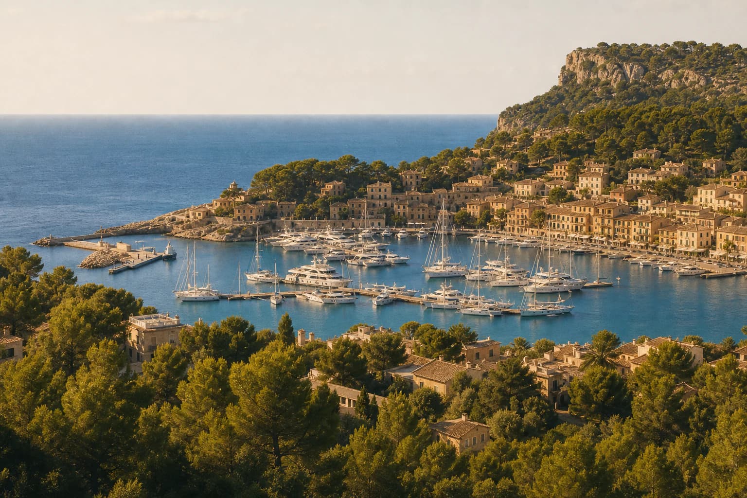 A Mediterranean harbor and hillside town in warm late-afternoon light.